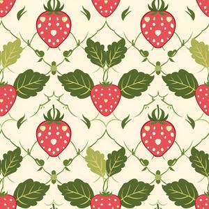Cute strawberry illustration pattern showing stylized ripe strawberries with decorative leaves and small heart elements placed evenly across a light background, designed as a seamless repeat ideal for fabric printing, nursery decor, summer themed crafts, creative paper goods, party decorations, food packaging concepts, surface pattern design, playful home accessories, and cheerful fruit inspired visual compositions.