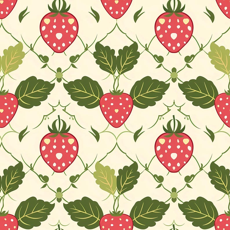Cute strawberry illustration pattern showing stylized ripe strawberries with decorative leaves and small heart elements placed evenly across a light background, designed as a seamless repeat ideal for fabric printing, nursery decor, summer themed crafts, creative paper goods, party decorations, food packaging concepts, surface pattern design, playful home accessories, and cheerful fruit inspired visual compositions.