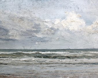 May include: An oil painting depicting a seascape with a cloudy sky. The sky is painted in shades of gray and white, with thick brushstrokes creating a textured effect. The ocean is a mix of gray and blue, with visible waves.