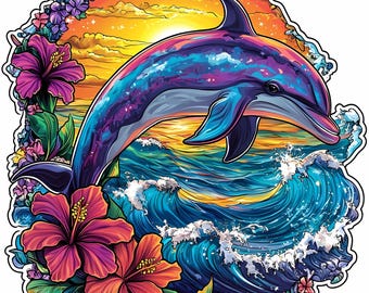 Pacote de imagens de golfinhos ao pôr do sol: flores tropicais e ondas do oceano em PNG, JPG, download, 955