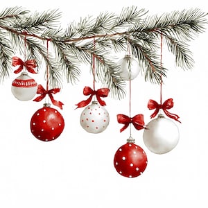 May include: Watercolor illustration of Christmas ornaments hanging from a pine branch. The ornaments are red and white, with some featuring polka dots. Each ornament is adorned with a red bow, creating a festive holiday scene.