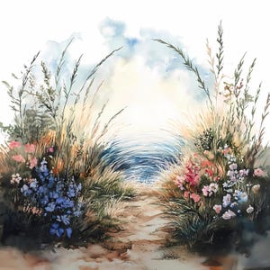 Clipartbundel aquarel rivier zonsondergang landschap met bloemen en wilde bloemen voor kunst aan de muur
