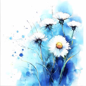 Conjunto de arte de parede em aquarela com margaridas azuis, 8 estampas florais abstratas, ilustrações modernas de flores botânicas azuis, decoração digital para casa para impressão