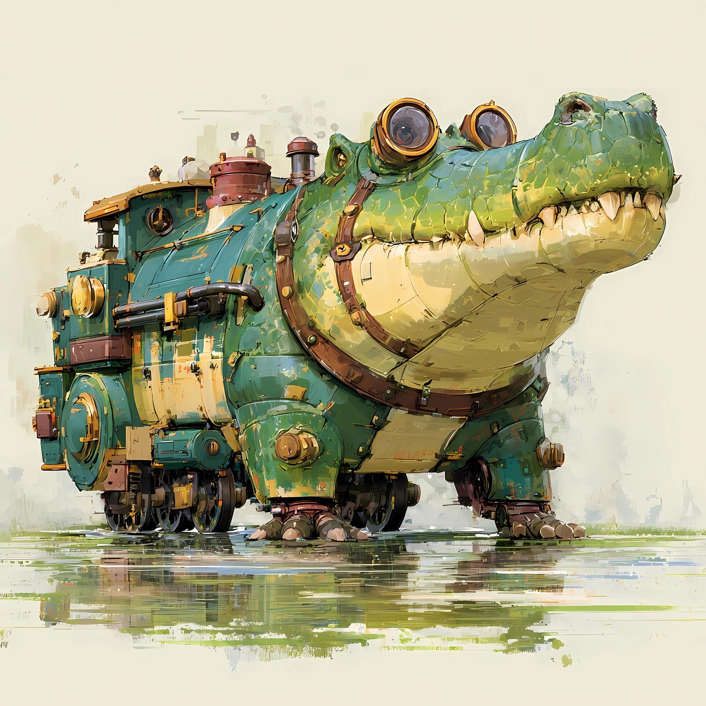 Steampunk Crocodile Art Bundle,brass Robot Jungle Beast, Digital