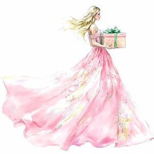 Elegante Frau Rosa Kleid mit Geschenk Box Clipart, 10 Romantische Aquarell Mode Illustration, Geburtstag, feminine Dekor, Instant Download