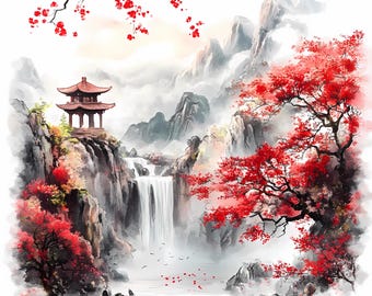Japanese Landscape Clipart Bundle Mountain Waterfall PNG Asian Nature Art Zen Printable, 303