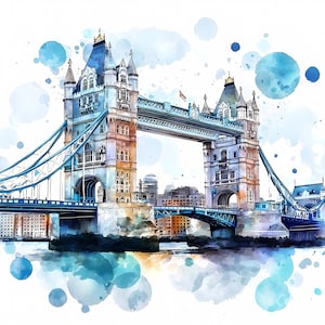 Puede incluir: Una pintura de acuarela del Puente de la Torre en Londres, Inglaterra. El puente está pintado en tonos de azul y gris, con un fondo blanco. El puente es un destino turístico popular y un símbolo de Londres.