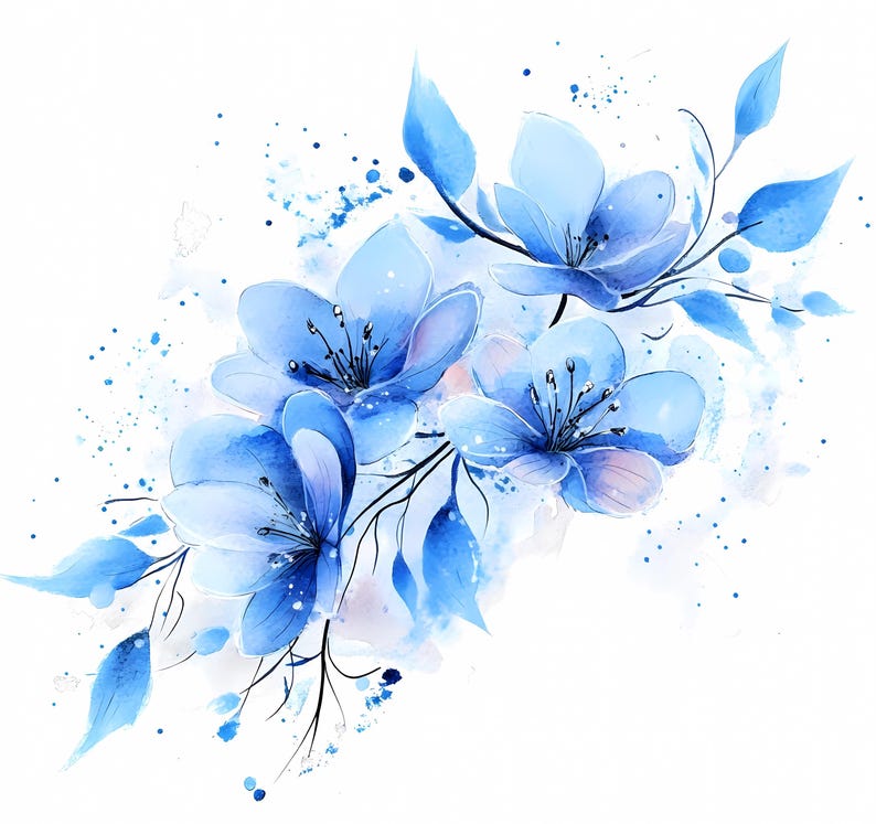 Blue Watercolor Floral Clipart Bundle: PNG & JPG, Botanical Art ...