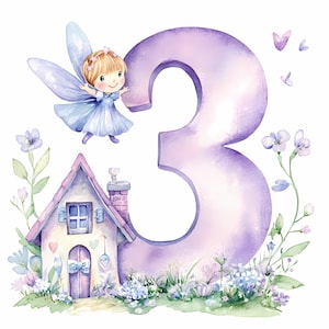 Fee 3.Geburtstag Mädchen Clipart Magische Rosa Zahl Drei, Aquarell Clipart, PNG Mädchen Druck, Aquarell 3.Geburtstag Prinzessin Clipart PNG
