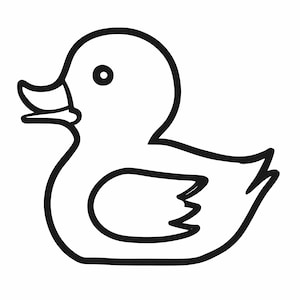 Puede incluir: Un dibujo en blanco y negro de un pato de goma. El pato tiene una cabeza redonda con un ojo pequeño y un pico ancho. El cuerpo es redondeado con una cola pequeña.