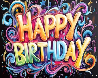 May include: A vibrant, colorful graphic with the words "HAPPY BIRTHDAY" in bold, 3D lettering. The letters are outlined in yellow and filled with orange, pink, and blue hues. Swirls and stars in various colors surround the text against a black background.