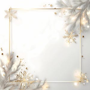 Op de afbeelding: Een feestelijk vakantieontwerp met een gouden vierkante lijst, gouden sneeuwvlokken en witte dennentakken. Het ontwerp bevat kleine gouden stippen en zachte verlichting, waardoor een winterse en elegante esthetiek ontstaat. Ideaal voor seizoensgroeten en uitnodigingen.