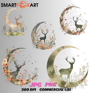 Pacote de clipart floral místico de veado e lua – Lua crescente boho com flores silvestres PNG JPG para sublimação, arte de parede, impressões mágicas da natureza
