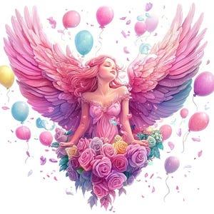 Conjunto de 8 arte digital de anjo rosa com rosas e balões, impressões de arte de parede de menina angelical, decoração de berçário floral com asas, quarto de bebê, PNG JPG