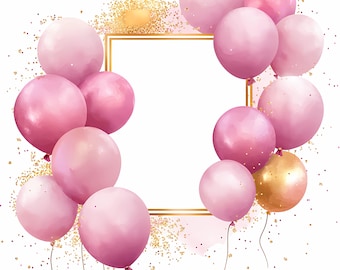 Pink and Gold Glitter Balloon Clipart PNG Bundle Party Wedding Decor, Digital Download