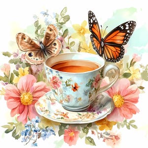 Set van 9 bloemen theekopje clipart, bloemen theeblikje, afdrukbare aquarel clipart, kwaliteit png's, digitale download papier ambachtelijke ongewenste tijdschriften
