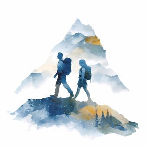 Può includere: Illustrazione ad acquerello di due escursionisti con zaini, silhouette contro una catena montuosa. L'immagine utilizza sfumature di blu, bianco e oro per rappresentare il paesaggio e le figure, suggerendo avventura e attività all'aperto.