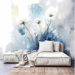 Arte de parede moderna com margaridas em aquarela para impressão, decoração de parede abstrata com 8 flores brancas, impressão de arte floral digital para sala de estar, quarto e interior