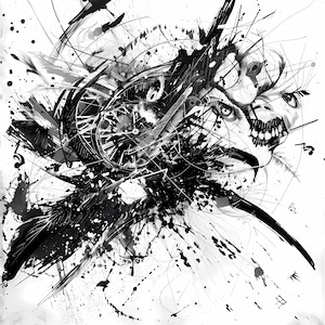 May include: Abstract black and white artwork with a surreal, chaotic composition. The image features splatters, lines, and a clock face, creating a dynamic and expressive design. The artwork evokes a sense of movement and intensity.