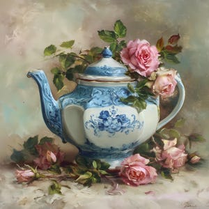Può includere: Dipinto di natura morta di una teiera in porcellana bianca e blu con motivi floreali. Rose rosa e foglie verdi circondano la teiera, creando una composizione classica ed elegante. La teiera ha un beccuccio e un manico curvi.