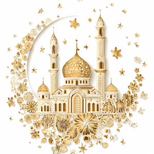High-quality golden mosque illustration with ornate crescent moon and floral decorations, perfect for Eid Mubarak or Islamic holiday celebrations, featuring detailed domes, minarets and luxury floral elements. Ideal for greeting cards, wall art, DIY projects and printable decorations in Islamic cultural themes. Includes PNG with transparent background and JPG formats for easy use in crafts, sublimation, scrapbooking, digital invitations, and festive design projects.