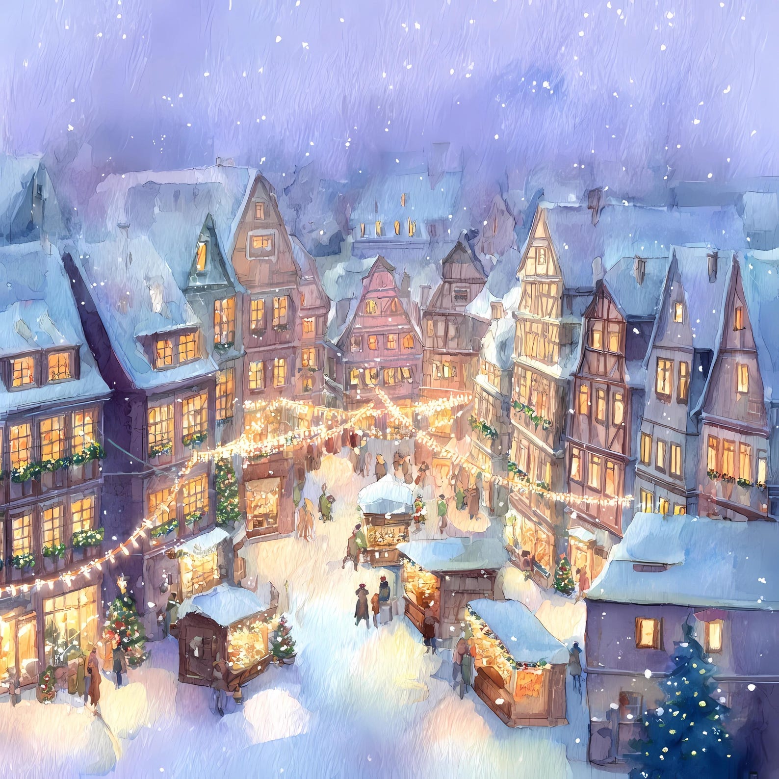 Watercolor Christmas Town Street Scene Holiday Market Winter Village ...