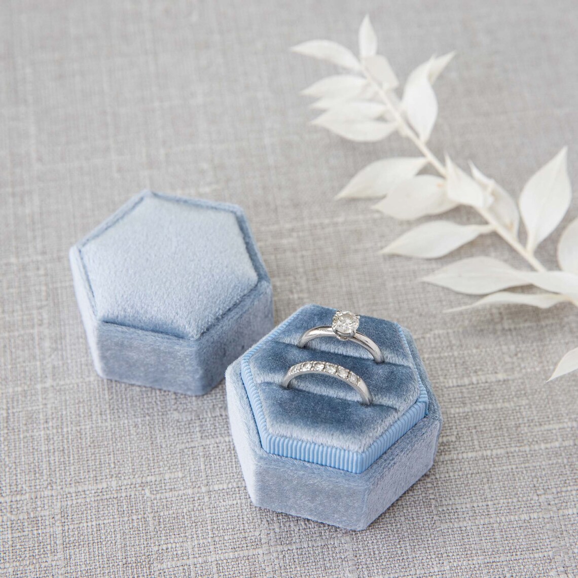 Dusty Blue Hexagon Double Slot Velvet Ring Box Etsy