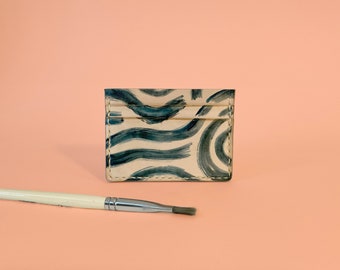 Handpainted Pattern Leather Card Holder Wallet -  Black swirl brush strokes