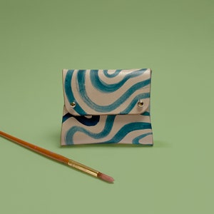 Handmade Painted Leather Purse / Card holder Blue Brush Minimalist image 1