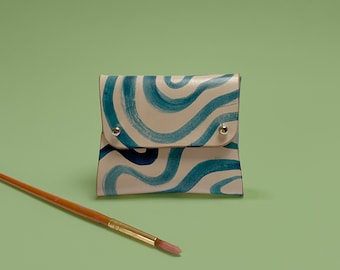 Handmade Painted Leather Purse / Card holder - Blue Brush Minimalist