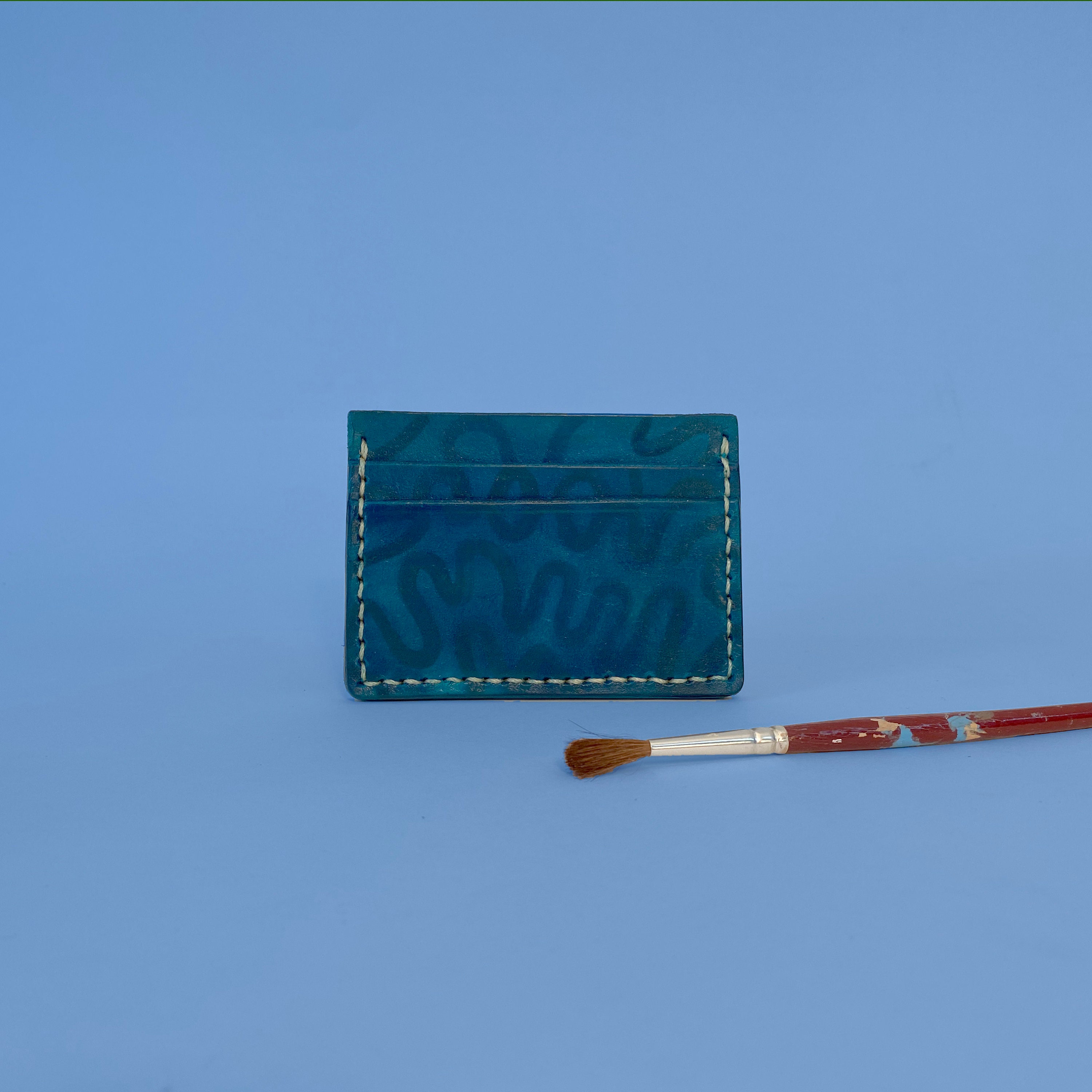Handmade Painted Leather Card Holder Wallet Blue Brush Etsy
