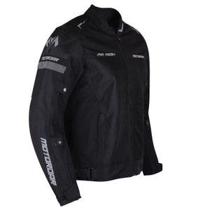 Puede incluir: Chaqueta de moto negra con detalles reflectantes grises y el texto "AIR MESH" y "MOTORROAR".