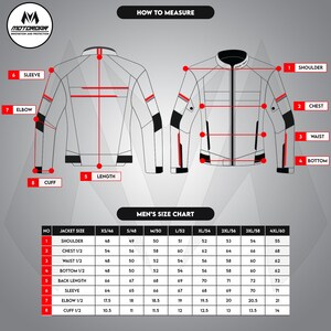 Puede incluir: Una tabla de tallas para una chaqueta de moto para hombre con medidas en pulgadas para el hombro, el pecho, la cintura, la parte inferior, la longitud de la espalda, la manga, el codo y el pu&ntilde;o. La tabla incluye las tallas XS a 4XL.