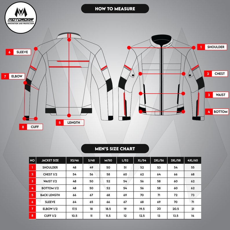 Puede incluir: Una tabla de tallas para una chaqueta de moto para hombre con medidas en pulgadas para el hombro, el pecho, la cintura, la parte inferior, la longitud de la espalda, la manga, el codo y el pu&ntilde;o. La tabla incluye las tallas XS a 4XL.