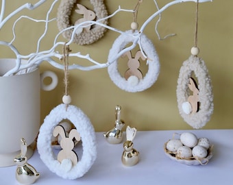 Hanging Bunny Decoration | Sherpa Bunny Ornaments| Easter Decor | Spring Decorations | Hanging Eggs with a wooden bunny