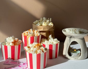 May include: Four red and white striped cups filled with popcorn, two with caramel drizzle. A brown paper bag filled with popcorn sits behind the cups. A white marble diffuser with a lit candle sits on a white surface. The text on the tickets reads "Maison Boniti Cinema Ticket".