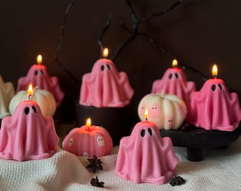 Vela Fantasma Rosa: Decoração de Halloween feita à mão com cera de soja