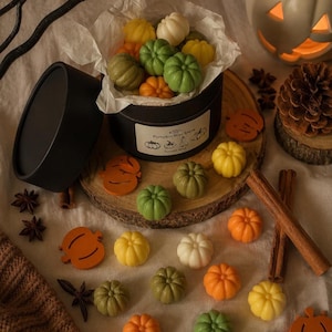 May include: A black cylindrical box filled with pumpkin-shaped wax melts in shades of green, orange, yellow, and white. The label reads Pumpkin Wax Melts. Additional wax pumpkins, wooden pumpkin cutouts, cinnamon sticks, and star anise are scattered.