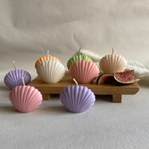 Pode incluir: Conjunto de seis pequenas velas em forma de concha em várias cores pastel, incluindo rosa, roxo, verde e branco. As velas estão dispostas em uma bandeja de madeira com uma fatia de figo.