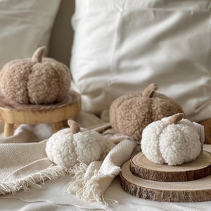 May include: Three fuzzy pumpkins, two brown and one white, are arranged on a wooden surface. The pumpkins are made of a soft, plush material and have a realistic shape. They are a decorative accent for a home or a fall-themed event.