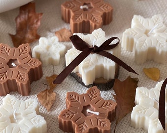 May include: A collection of snowflake-shaped candles in shades of white and brown. One candle is tied with a brown ribbon. The candles are arranged on a cream-colored surface with scattered dried leaves, evoking a cozy, seasonal theme.