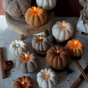 Op de afbeelding: Een assortiment kleine pompoenvormige kaarsen in verschillende tinten bruin, beige en wit. De kaarsen zijn aangestoken en geven een warm licht. De kaarsen zijn gerangschikt op een wit tafelkleed met kaneelstokjes en stervormige confetti.