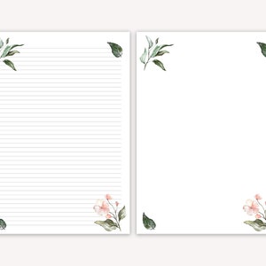 Acuarela floral, papel de carta imprimible, hoja de línea, página de diario floral, papelería de descarga instantánea de flores, hoja de escritura digital
