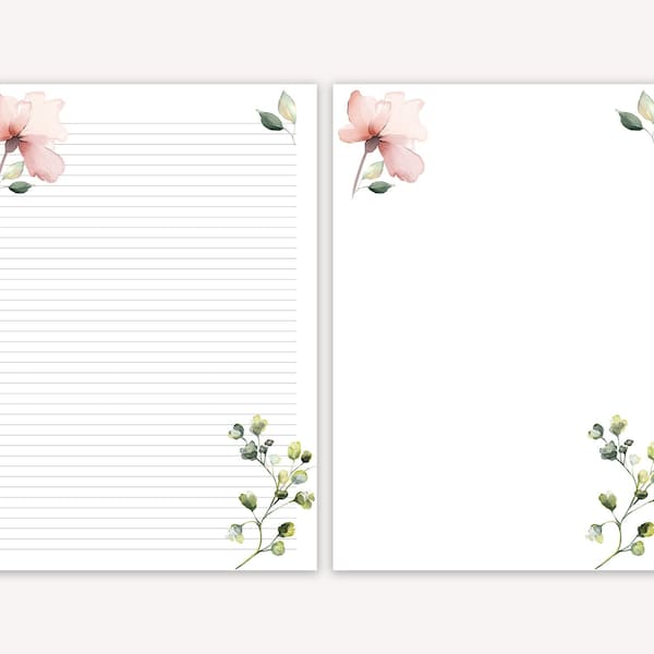 Papel de carta imprimible floral, hoja de línea, papel de carta imprimible floral, papel de escritura imprimible, conjunto de escritura de cartas