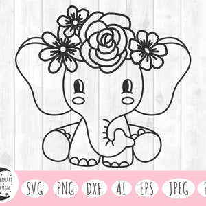 May include: A black and white line drawing of a cute cartoon elephant wearing a flower crown. The elephant has large ears, a small trunk, and big eyes.