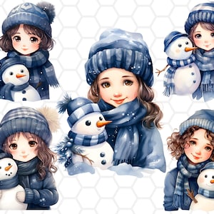 Cute Watercolor Winter Girl and Snowman Sublimation Cliparts, snowman clipart, christmas clipart, christmas png, christmas sublimation