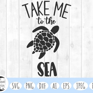 Puede incluir: Diseño gráfico en blanco y negro con el texto "Take Me to the Sea" y una silueta de una tortuga marina.