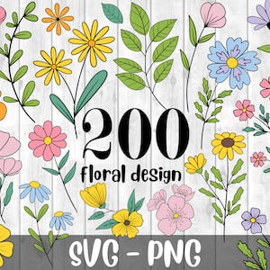 Puede incluir: Una colección de 200 diseños florales en formato SVG y PNG. La imagen presenta una variedad de flores en diferentes colores, incluyendo rosa, amarillo, azul y naranja. Las flores están dibujadas en un estilo simple y de dibujos animados.