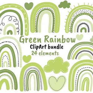 Puede incluir: Un conjunto de 24 elementos de clipart de arcoíris verde, que incluyen arcoíris con diferentes patrones, corazones y nubes.  Green Rainbow ClipArt bundle 24 elements