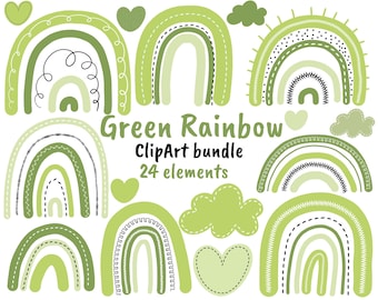 Green Boho Rainbow Clipart: 24 PNG Design Elements (Digital Download)